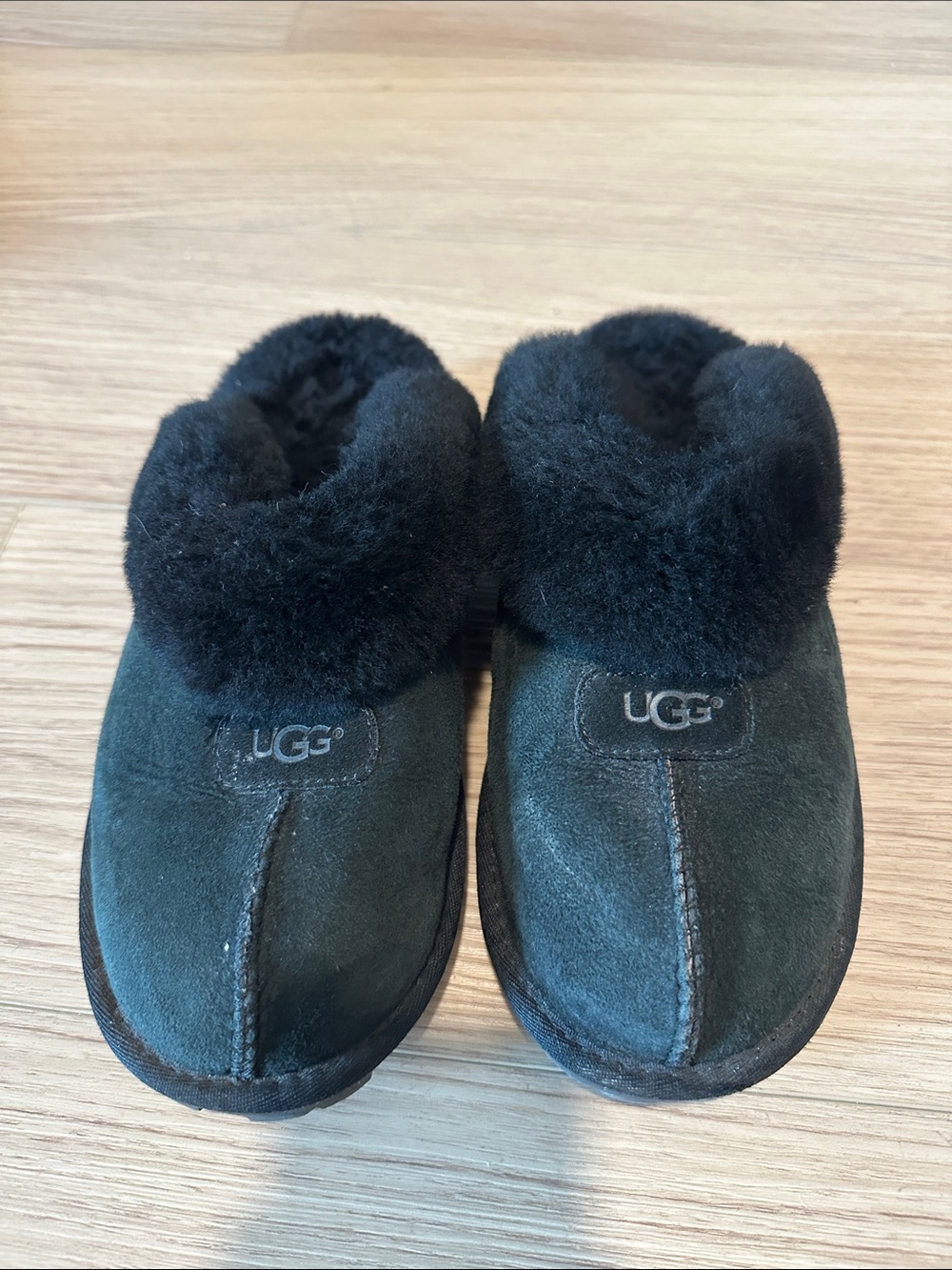 UGG Women’s Black Suede Shearling Cuff Slippers